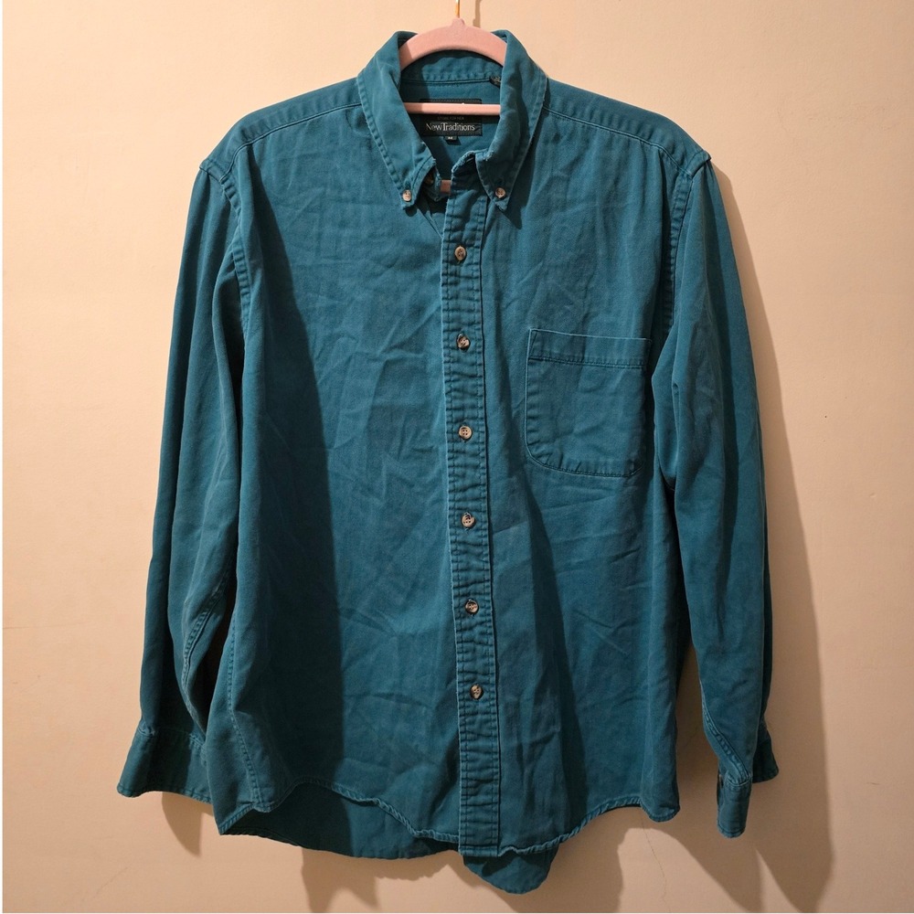 Vintage 90s Marshall Field's New Traditions Shirt Mens M Teal Cotton Button Down